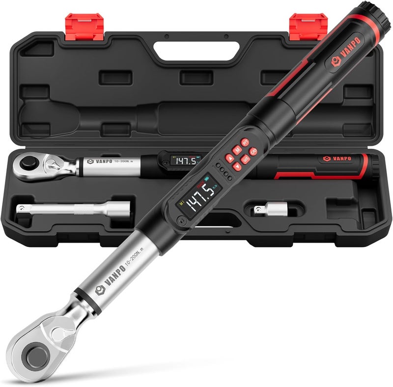 VANPO 1/2-Inch Digital Torque Wrench, 7.38–147.5 ft-lb/10–200 Nm, ±2% Accuracy, Electronic Torque Wrench with LCD Display, Audible & Vibration Alert, Easy Battery Access, for Automotive Maintenance - Image 1